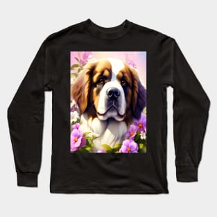 Saint Bernard Dog Surrounded by Beautiful Spring Flowers Long Sleeve T-Shirt